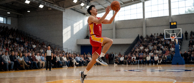 NBA篮球比赛现场，球员在球场上突破上篮的动感画面