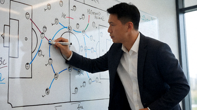 教练在战术板上画球员跑位路线，白板上有球队阵型标注和战术标记，体现专业数据分析场景