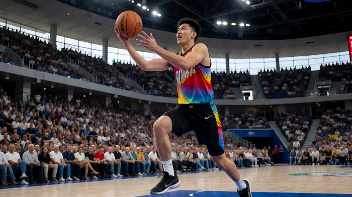 NBA篮球比赛中球员突破上篮的比赛画面，球馆座无虚席气氛热烈